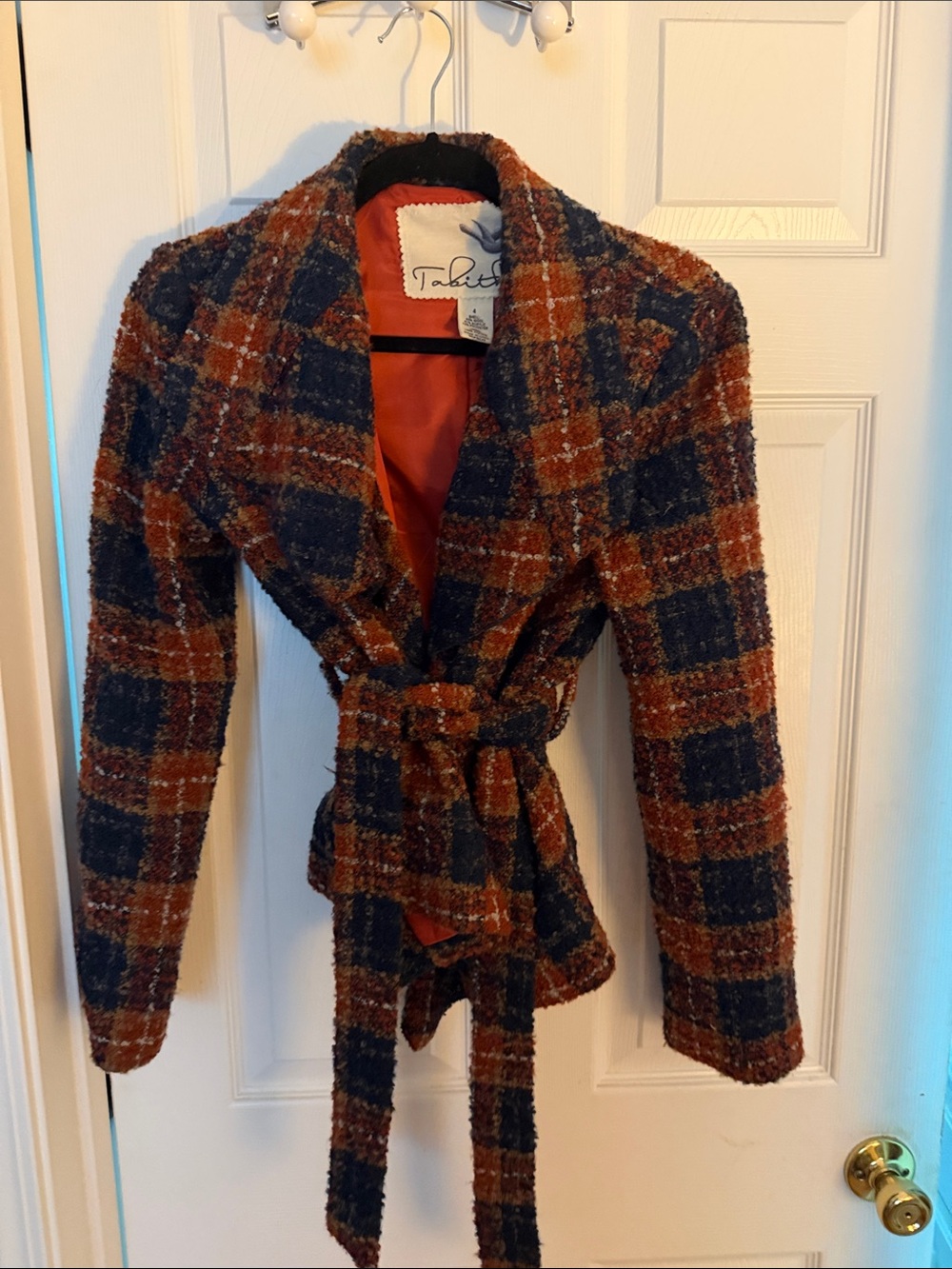 Anthropologie Tabitha Plaid Tie-Waist Blazer in Navy & Rust
